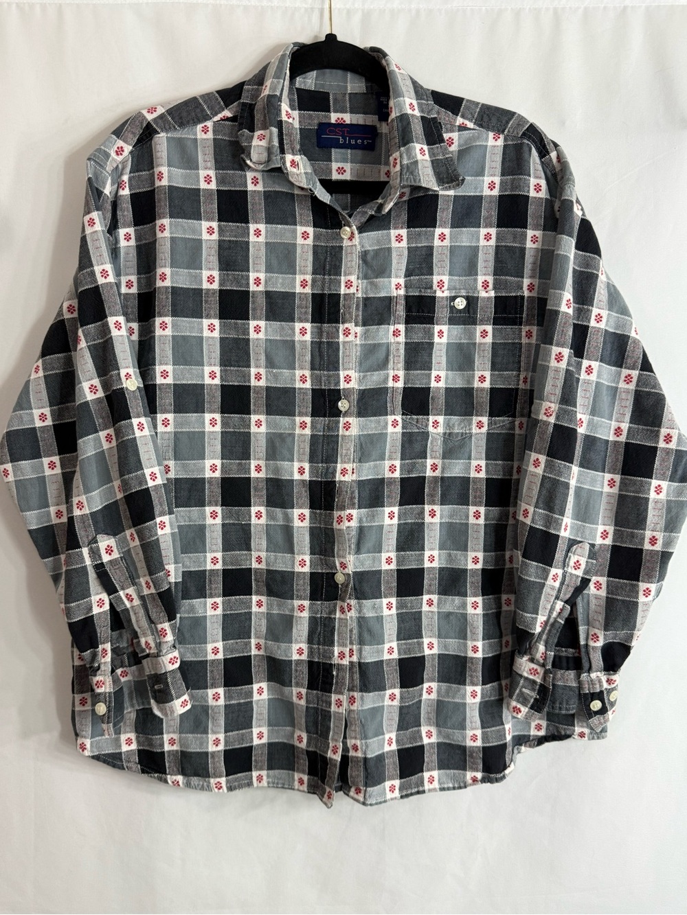 Vintage CST Blues Women 1X Black Gray Plaid Red Floral Detail Button Down Shirt